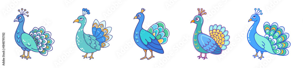 Fototapeta premium Five stunning peacocks displaying vibrant plumage in a whimsical artistic composition