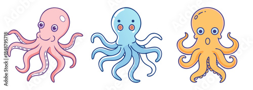 Cute cartoon octopuses in pink blue and yellow adorable ocean creatures with wavy tentacles