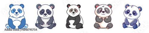 Cute collection of five adorable cartoon panda bears each with a unique color palette and style