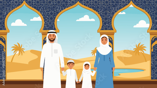 A beautiful illustration depicting a traditional Muslim family standing in front of desert landscape with camels and oasis