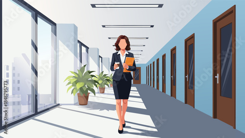 Professional Woman Walking Down Modern Office Hallway Holding Coffee and Documents