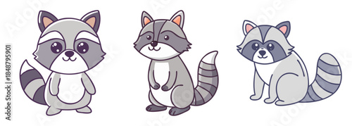 Three adorable cartoon raccoons with striped tails and bandit masks for creative projects