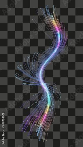 Abstract flow of neon light particles in a dynamic wave pattern, vibrant spectrum gradient color trails, digital fiber optics effect, modern technology background element