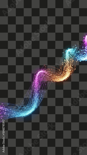 Abstract light stream of flowing particle dots and fiber optic lines, vibrant neon color gradient, digital energy wave movement, dynamic motion effect element