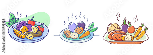 A colorful assortment of fresh fruits and vegetables artistically arranged on plates