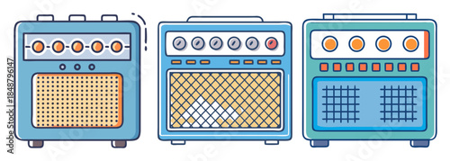 A vibrant collection of three classic electric guitar amplifiers in various blue and teal hues