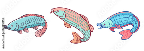 Three cartoon fish with blue-green bodies and pink fins displaying various poses