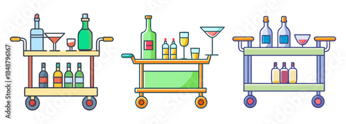 Collection of three vibrant cartoon-style bar carts stocked with an array of beverages and elegant glassware