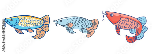 Colorful cartoon arowana fish set with vibrant scales and flowing fins in a charming illustration
