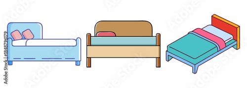 A collection of simple vector beds with pillows and blankets for bedroom furniture design