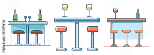 Collection of three distinct bar and table setups with stools, bottles, and glasses in flat design