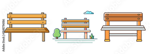 Collection of distinct park benches with varied designs in a charming flat illustration style