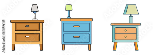 Three colorful nightstands with lamps, illustrating diverse bedroom furniture designs