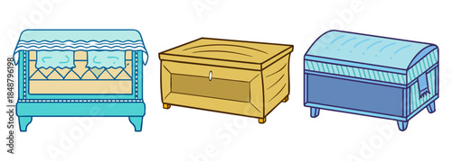 A colorful cartoon illustration of three distinct storage chests and boxes