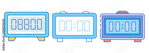 Three illustrative digital displays for timekeeping, counting, and general numeric visualization
