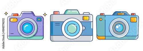 A vibrant collection of three modern flat design camera icons for photography and media