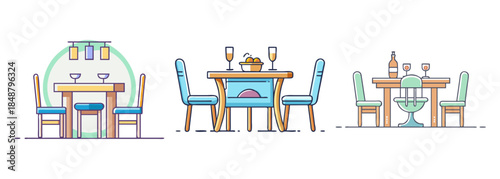 Modern dining table sets with chairs and tableware, perfect for interior design concepts