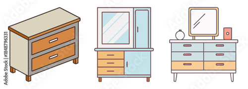 Collection of various bedroom furniture pieces including a chest of drawers and dressing tables