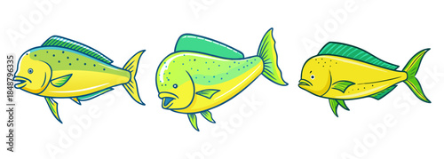 Cartoon illustration of three vibrant yellow and green mahi-mahi fish swimming