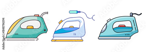 Collection of modern electric irons with bright colors for daily laundry tasks
