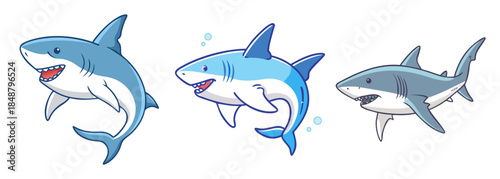 Three friendly and fierce sharks swimming in the ocean, showcasing various cartoon styles