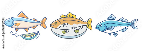 A delightful cartoon illustration showcasing an array of fish, both swimming and served as food