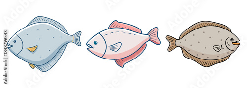 A collection of three distinct cartoon fish illustrations showcasing different marine species
