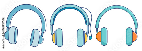 Three cartoon headphones in various shades of blue with different color accents and one with a microphone