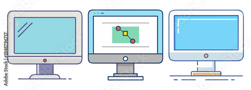 A collection of computer monitors in a flat design style, depicting technology and data display
