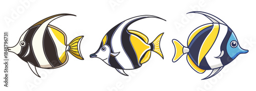 Three vibrant tropical moorish idol fish with unique patterns swimming peacefully underwater