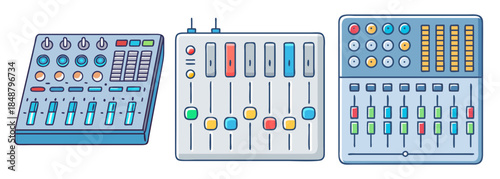 Collection of diverse audio mixer control panels for music and sound production
