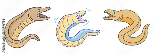 A lively illustration featuring three cartoon eels with open mouths and sharp teeth