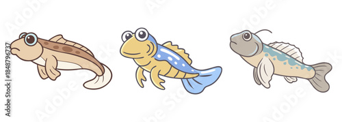 A delightful illustration showcasing three unique cartoon fish characters with diverse colors and features