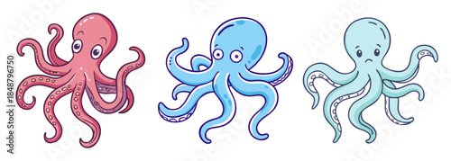 Three colorful cartoon octopuses with diverse expressions on a white background