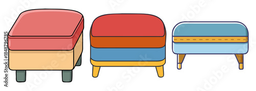 A charming collection of three diverse and colorful ottomans and footstools for home decor