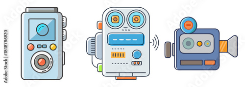 Collection of cartoon-style digital cameras and video recording devices in a flat design