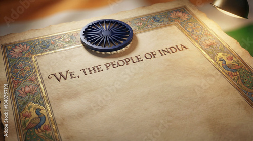 Indian Constitution Preamble Quote We The People Of India on Vintage Parchment with Ashoka Chakra and Peacock Border