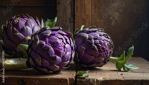 Three purple artichokes sitting on a rustic wooden surface with a wooden backdrop