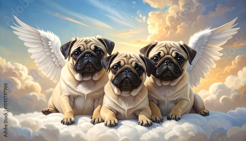 Three pugs with angel wings sit on a cloud against a bright, cloudy sky. Soft lighting. Dreamlike, whimsical