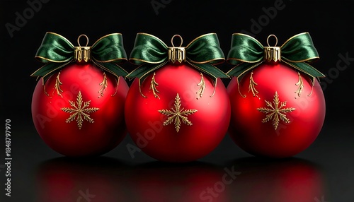 Three red Christmas ornaments with green ribbons and golden snowflakes against a dark reflective surface