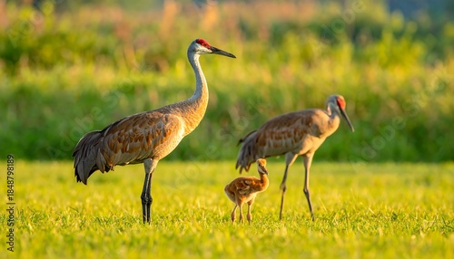 Three Sandhill Cranes, including a chick, stand in a field of green grass illuminated by golden light