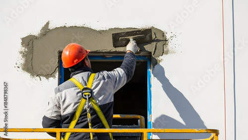 Construction worker plastering exterior wall from lift basket | Applying cement mortar coat to building facade with trowel | Builder wearing safety harness and hard hat working at height