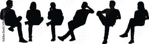 Collection of casual sitting people silhouettes featuring men and women in various relaxed poses isolated on white background for lifestyle vector graphic design