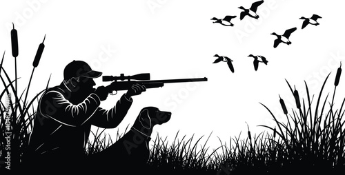 Duck Hunter Silhouette in the Wetlands with a Hunting Dog, Aiming a Rifle at Flying Ducks Over Tall Grass and Cattails Vector Graphic.
