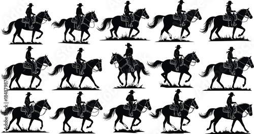 Dynamic black and white silhouette collection of cowboys riding horses across diverse terrain, demonstrating various gaits and equestrian skills for Western-themed designs and graphic resources.