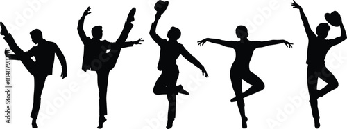 Elegant Broadway dancers silhouettes collection featuring professional male and female performers in dynamic theatrical poses isolated on white background for arts design