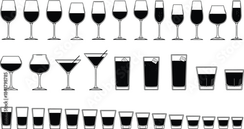 Collection of various drink glasses silhouettes, including wine glasses, cocktail glasses, tumblers, and shot glasses vector illustration set.