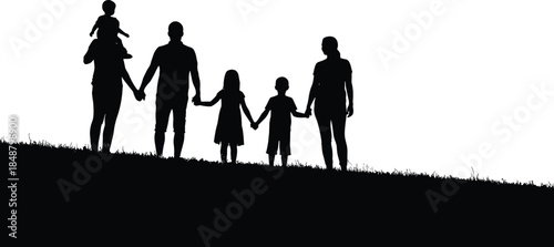 Happy family silhouette walking together on a grassy hill featuring parents holding hands with children and toddler isolated on white background