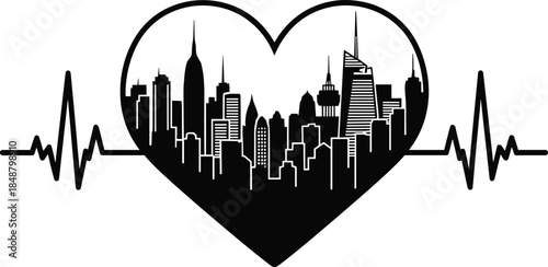 Love for the City, Skyline Silhouette in a Heartbeat Pulse Line, Urban Landscape Vector Graphic Design, Black and White Illustration of Downtown Buildings.
