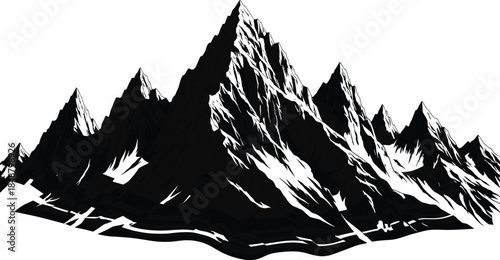 Majestic mountain range landscape silhouette featuring high rocky peaks with snow details and rugged terrain isolated on white background for nature design